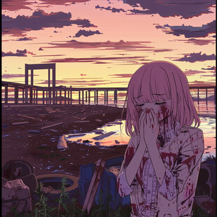 夕阳下 悲伤的少女