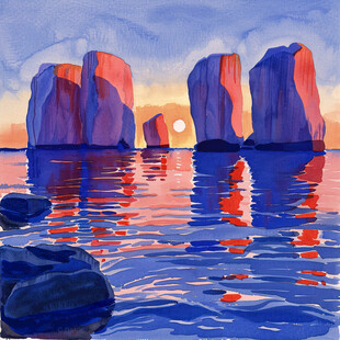 夕阳下的海岛礁石