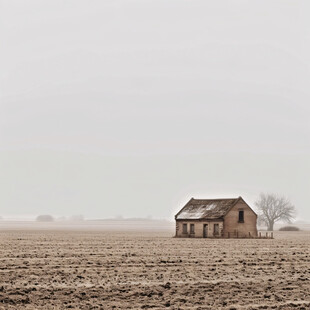 雾霭中的孤独小屋
