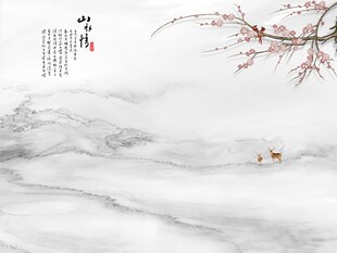 新中式山水情工笔花鸟画背景墙