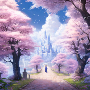 粉红色的带走道的超现实城堡