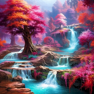 山水风景油画瀑布