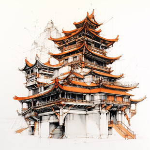 中式建筑钢笔插画