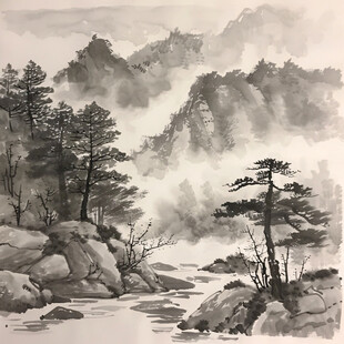 国画松石云雾远山