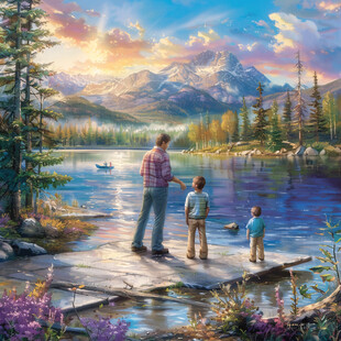 湖边玩耍的一家人