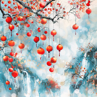 手绘灯笼树