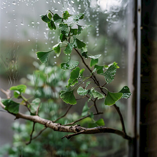 雨水滋润的银杏叶