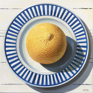 静物油画 蓝色条纹盘子里的柠檬