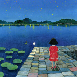 夜晚 女孩在湖边沉思