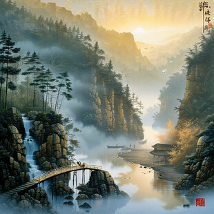 山水画装饰画河流山