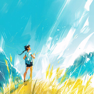 草地奔跑的少年插画