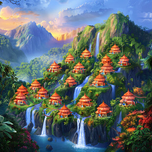 国潮建筑山水场景