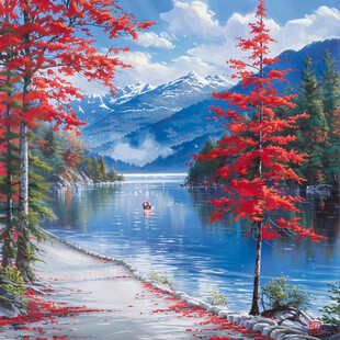 山水画风景画湖泊湖畔