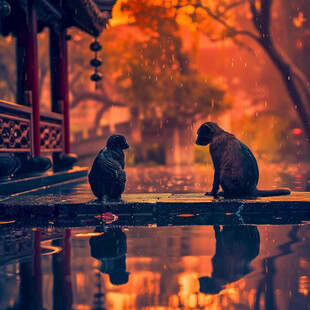 雨中觅食的猴子