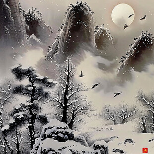 山水壁画雪景中国画