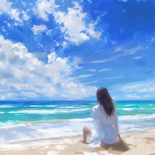 女孩坐在海边手绘