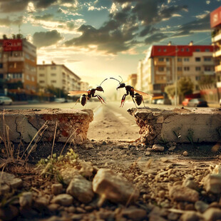 路面两只觅食的小鸟