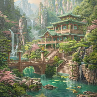 亭台楼阁流水瀑布