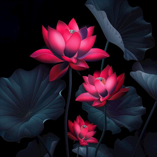 深蓝背景荷花图