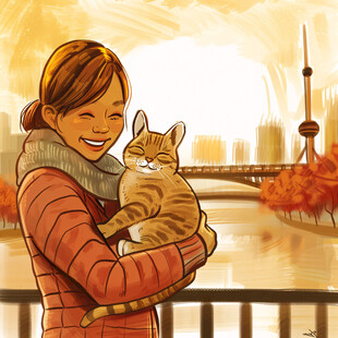 抱猫美女猫插画