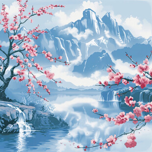 屏风溪流山峦梅花