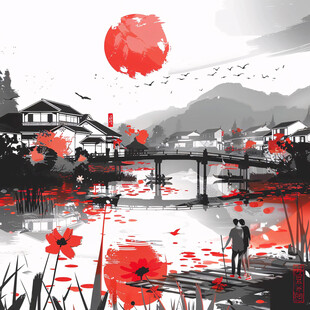 山水画江南水乡红灯笼