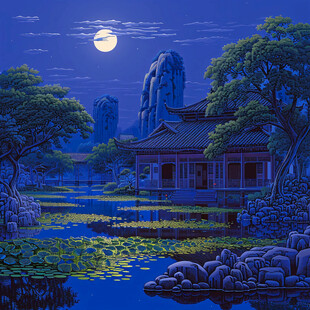 虎溪夜月景点插画