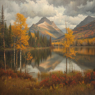 森林雪山高山湖泊黄叶