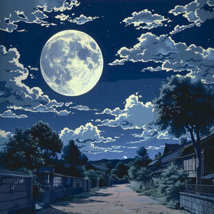 月色夜晚手绘插画