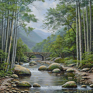 古桥竹林山水