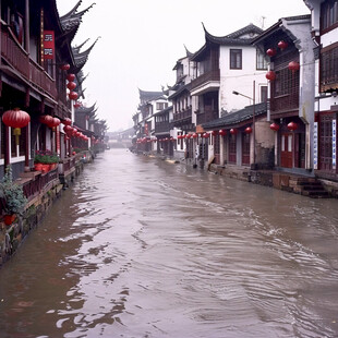 雨天古镇河道