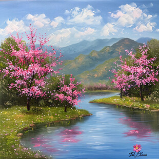桃花风景油画