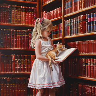 小女孩与猫读书