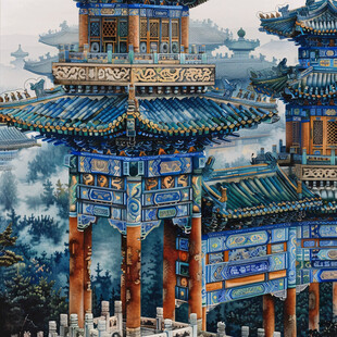 古风亭台楼阁油画
