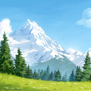 手绘草原草雪山