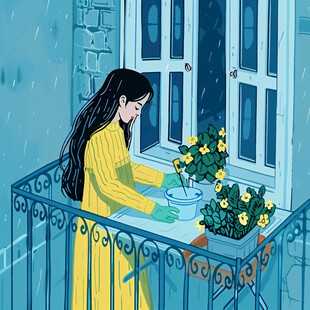 整理花园的女孩插画