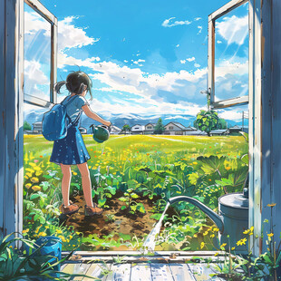 场景插画植物少女