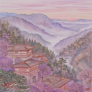 彩铅浪漫紫色国画山水