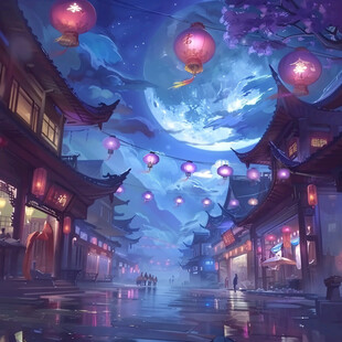 玄幻古镇夜景