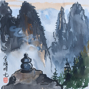 洛杉矶彩绘山水水墨画