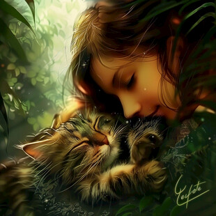 躺在猫身上的女孩插画