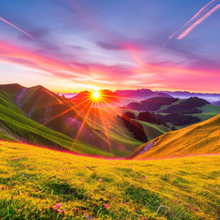 山地丘陵草场夕阳