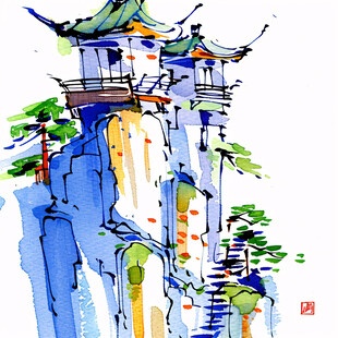 水彩画插画水墨画建筑