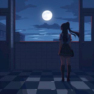 女学生夕阳下插画