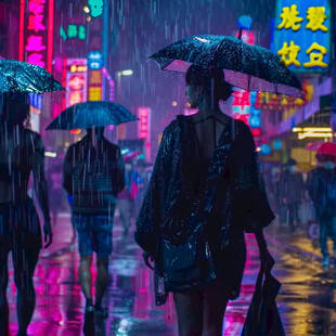 夜雨赶路的女人