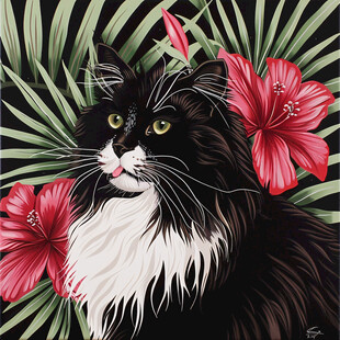 花丛边的猫咪插画