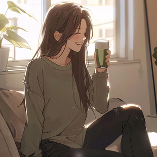 二次元女孩喝奶茶