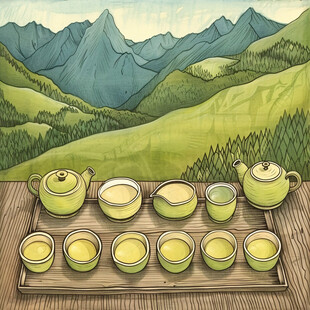 山水画茶树茶杯茶园
