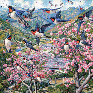 松石绿地桃红春燕图