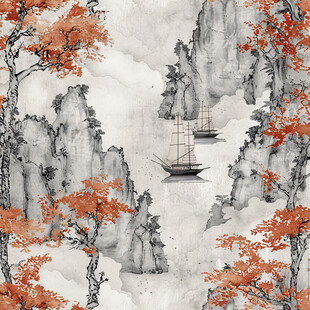 红叶古风山水画